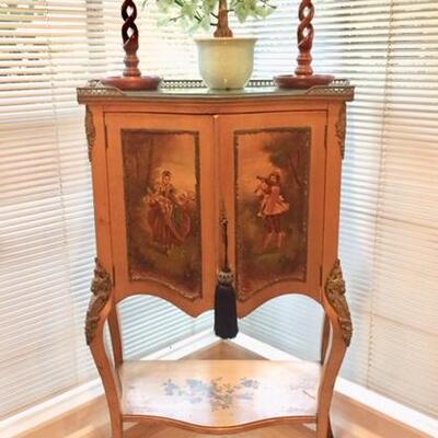Lovely Antique Hand Painted Cabinet with Brass Gallery and Detailing