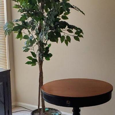 Walnut Top Drum Table & Ficus Tree