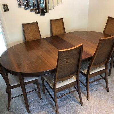 Mid-Century dining table w/ 3 leaves & 8 chairs 9 (2 not shown)