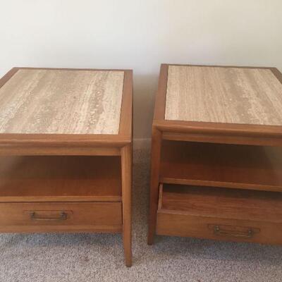 Drexel pair of wood side tables marble top, great condition.  22 wide x27 deep and 21 High