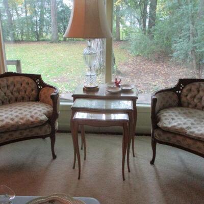 1930's, down filled matching chairs & stack tables.