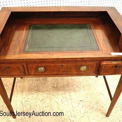 
Lot 519
ANTIQUE mahogany inlaid leather top writing desk with 3 drawers and hidden compartments
