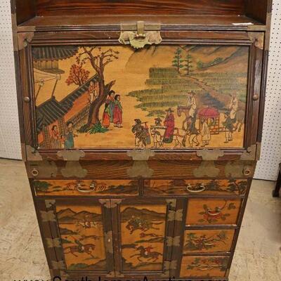 
Lot 508
VINTAGE Asian inspired slant front decorated desk with original brass Asian lock
