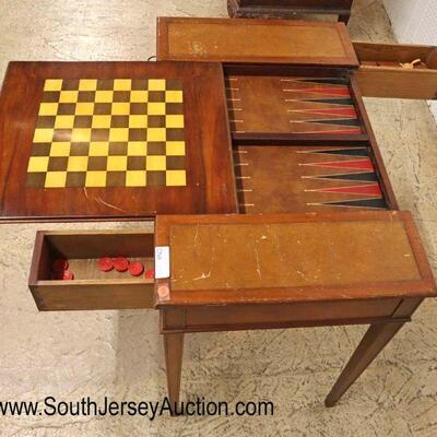 
Lot 505
VINTAGE leather top game table with 2 drawers and chess board and backgammon with game pieces
