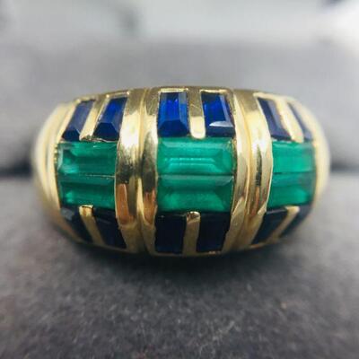 Lot 029-JT1: Genuine Emerald & Lab-created Sapphire Dome Ring 