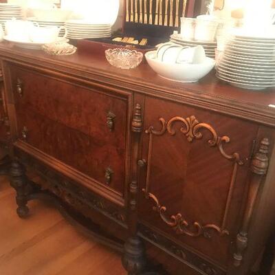 Antique Hand Carved Buffet with matching Dining Table and Chairs