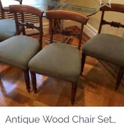4 CHAIRS Antique Flower Carved Back - Sage Upholstry: Originally $600/set of 4 
NOW ONLY $375