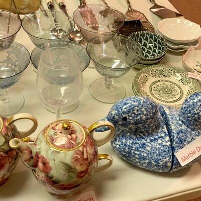 $45 6 PC Set Tinted Glass Vintage Dessert Cups 
$35 Exotic Blue While Marble Duck Book Ends
Plus more on this fun table