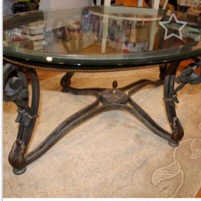 Oval Glass Coffee Table with Green Wrought Iron Base: NOW ON SALE FOR ONLY $175- 