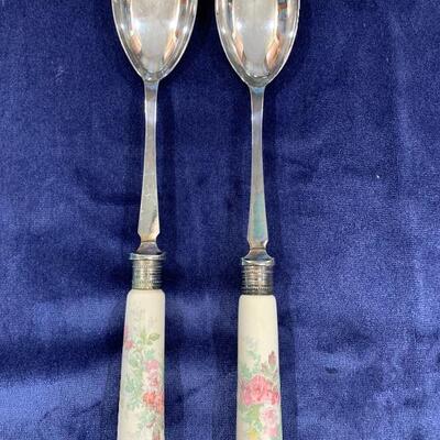 Antique Partial Sterling Ceramic Serving Spoon & Fork Set: NOW ONLY $45