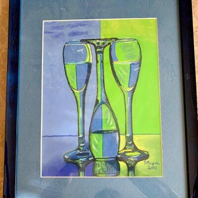 â€œGood Wine For the Soulâ€ Pastel Painting
 Navy Blue Laquer Custom Frame - Double Matting- Markdown - Originally $275 NOW ONLY $135......