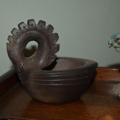 1) Hand carved Dragon Trinket Dish; unknown substrate 2) Hand made tree with Jade leaves and a Copper trunk on a stone.