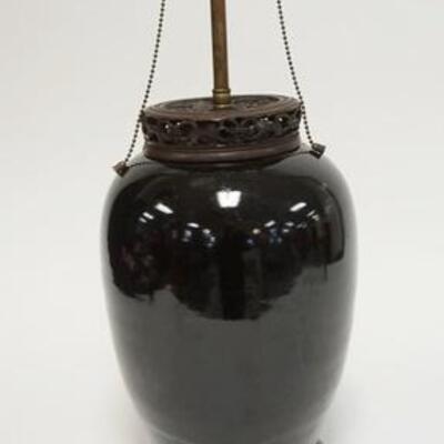 1063	5031	BLACK POTTERY ASIAN LAMP	BLACK POTTERY ASIAN LAMP W/ A NICELY CARVED TOP PIECE. PLUG HAS BEEN CUT OFF 20 IN H 	50	100	20	PLEASE...