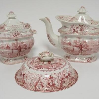 1035	4257	THREE PIECE EARLY RED TRANSFER WARE 	THREE PIECE EARLY RED TRANSFER WARE FRANKLIN'S *MORAL PICTURES* TEAPOT & SUGAR BOWL & A...