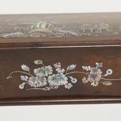 1050	5031	ASIAN WOODEN BOX W/ MOTHER  OF PEARL INLAY	ASIAN WOODEN BOX W/ MOTHER OF PEARL INLAY. SCENIC TOP INCLUDES TWO MEN FISHING &...