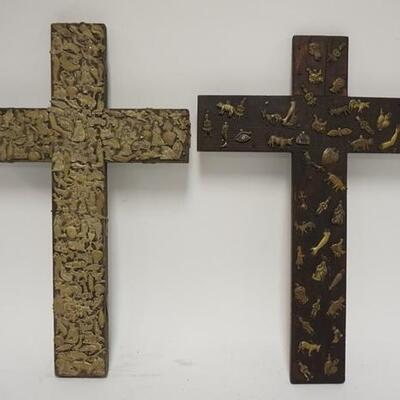 1021	7474	2 FOLK ART DECORATED CROSSES	TWO FOLK ART DECORATED CROSSES. BOTH DECORATED W/ SMALL BRASS ORNAMENTS DEPICTING PEOPLE ANIMALS...