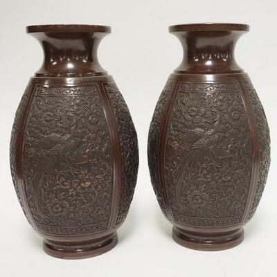 1054	5031	PAIR OF ASIAN BRONZE VASES	PAIR OF ASIAN BRONZE VASES W/ RELIEF BIRD & FLOWER DECORATION HAVE BEEN DRILLED FOR LAMPS 15 1/8 IN...