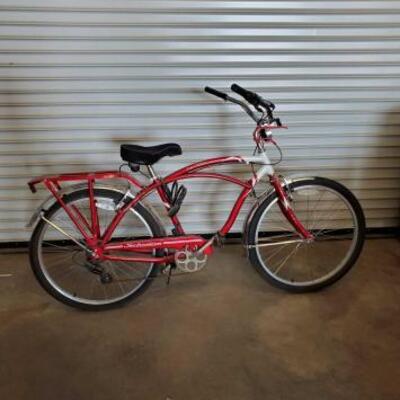 99	

Bright Red Schwinn Bicycle
Bright Red Schwinn Bicycle
Adult size bike 26" (Tire and Rim Measurement)
Aluminum tubing
Grip shift...