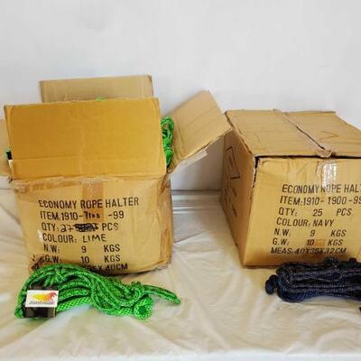 88	

2- Cases of New Knotted Ranch Rope Halters with 6 ft Lead Ropes Attached
2- Cases of New Knotted Ranch Rope Halters with 6 ft Lead...