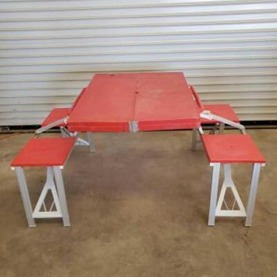 462	

Red Folding Picnic Table with Fold out Seats, Coleman Camp Stove and 1 Propane Bottle with 2 Crates
1- Folding picnic table and...