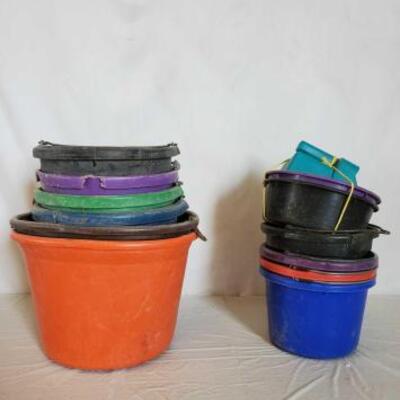 527	

Lots of Used Buckets and Plastic Feed Scoop
Buckets....buckets....buckets. Three different sized buckets in this lot. One plastic...