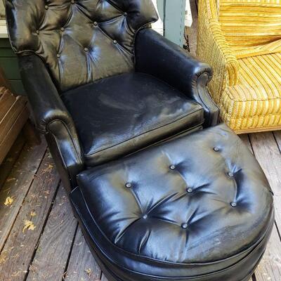 Black leather easy chair & ottoman
