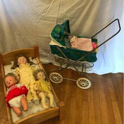 Vintage Dolls, Doll Carriage, Doll Clothes, and Doll Bed