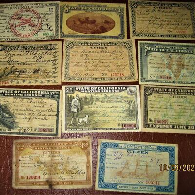 Set of 12 California Hunting License from App 1913 to 1920-ish