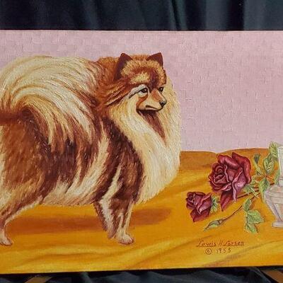 Oil on Canvas Pomeranian Dog with Roses and Perfume Larsen