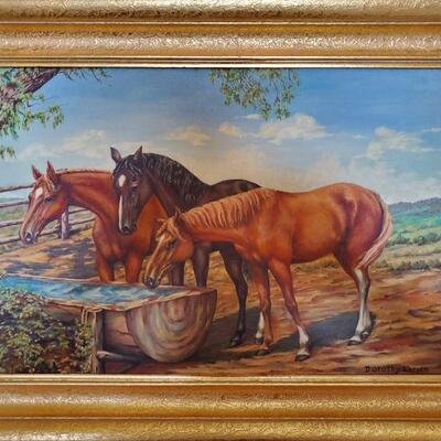 Oil Painting Cool Water Dot Larsen Horses at Trough Western Art