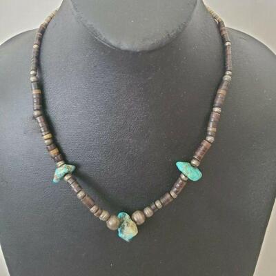 Vintage Native American Silver Leather Bead Turquoise Necklace 18