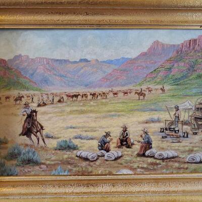 Oil on Board Painting The Roundup L.H. Dude Larsen 1940 Cowboy Utah Westwater Canyon  https://www.ebay.com/itm/133550055639
