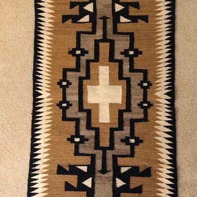 1940s Navajo Blanket Black White Tan Wool 56x28