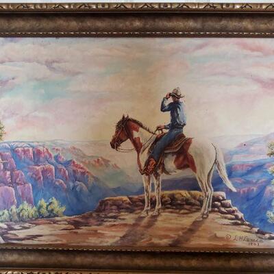 Western Painting Titled Sunset L.H. Dude Larsen 1943 Cowboy Horse Utah Canyon
