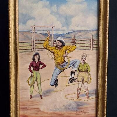 Oil Painting How Cowboys Keep Young L.H. “Dude” Larsen 1946 Western Roping Art