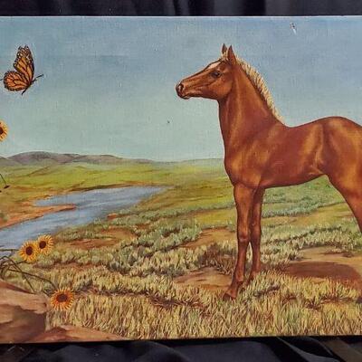 Dot Larsen Oil Painting on Canvas  Foal Watching Butterfly - Titled What's Cookin'