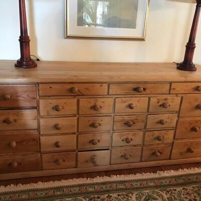 Antique English Pine grocer's cabinet, drawers on one side and finished on the front side $1,350
80 X 24 X 33