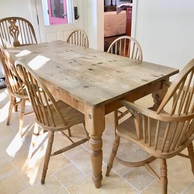 Repurposed pine farm table and six Windsor style chairs $1,049
Table only $699 72 X 36 X 31