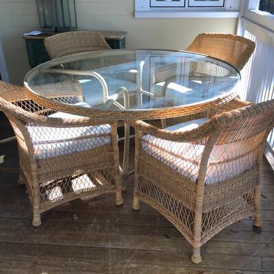 Brown Jordon weather resistant wicker table and four chairs with cushions $795
table 55 X 29