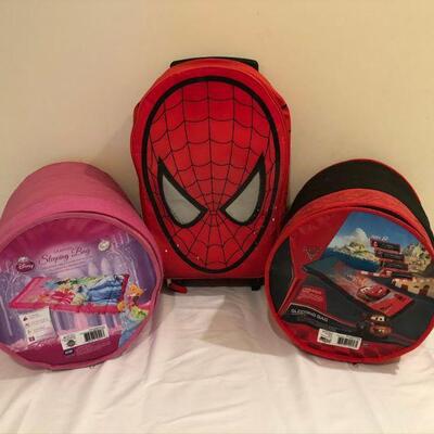 Spider - Man child's suitcase, Sleeping Beauty and Cars sleeping bags.