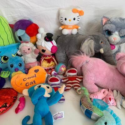 Children's stuffed animals... monkeys, sheep, Hello Kitty and more. 