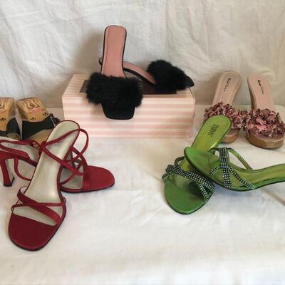 Women's strapless sandals and Victoria's Secret kitten heel furry slip ons. 