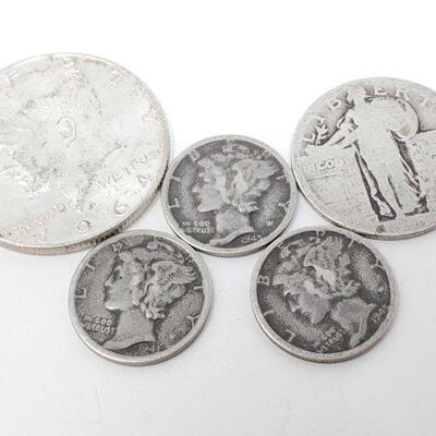 1548	

1964 Kennedy Half Dollar, Silver Standing Liberty Quarter, And 3 Mercury Dimes
1964 Kennedy Half Dollar, Silver Standing Liberty...