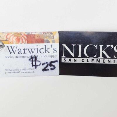 1656	

Warwick's And Nick's Gift Cards
Warwick's- $25 Nick's- $34.23