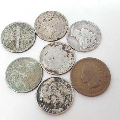 1546	

3 Mercury Dimes, 1 Pre 1964 Dime, 2 Post 1964 Dimes, And 1904 One Cent Piece
Silver Dimes Weigh Approx 9.8g