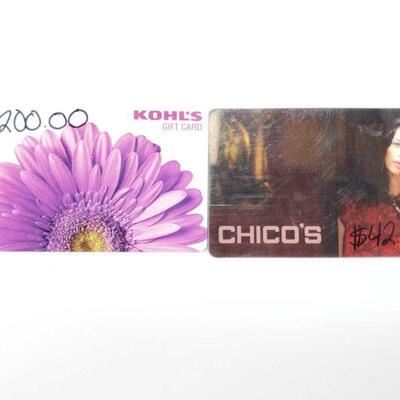 1644	

Kohl's And Chico's Gift Cards
Kohl's- $200 Chico's- $42.77