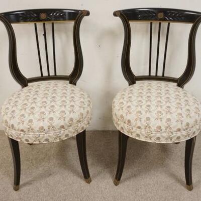 1018	PAIR OF LYRE BACK EBONIZED CHAIRS, HAVE BRASS ROSETTES & INTAGLIO CARVING ON THE BACKS
