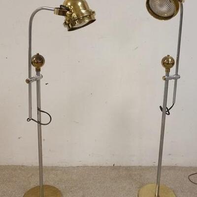 1002	PAIR OF MID CENTURY MODERN BRASS & CHROME FLOOR LAMPS, ADJUSTABLE, WEIGHTED BASES, 42 TO 61 IN HIGH

