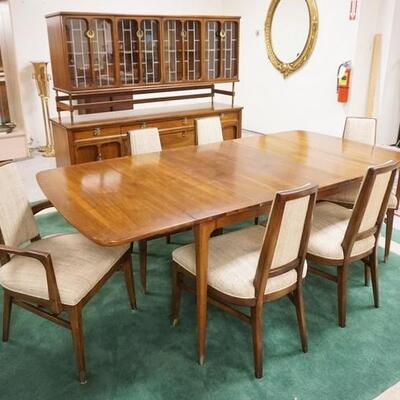 1001	MID CENTURY MODERN 8 PC DINING ROOM, WHITE FURNITURE CO SIDEBOARD W/LEADED TRIM TOP SECTION, 6 DRAWERS & 2 DOORS IN THE BASE...