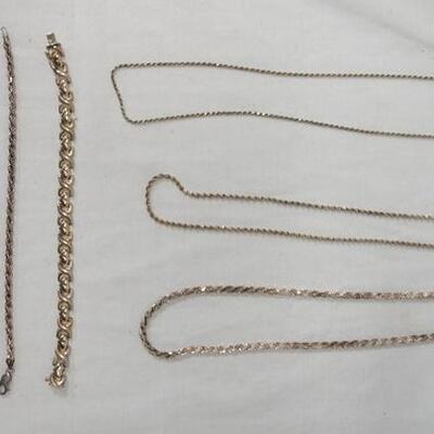 1017	LOT OF FIVE STERLING SILVER BRACELETS & THREE NECKLACES COMBINED WEIGHT OF ALL IS 3.215 TROY OUNCES 

